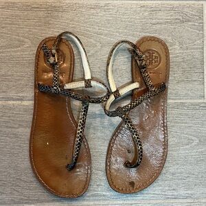 Tory Burch Alfie  Snake-Print T-Strap Leather Sandals in Brown and Cream Sz 8